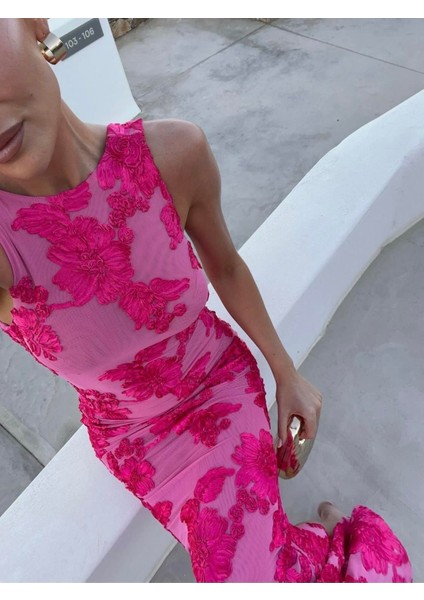 Pembe Bisiklet Yaka Çiçek Desenli Maxı Elbise modelleri