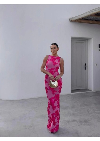 Pembe Bisiklet Yaka Çiçek Desenli Maxı Elbise fırsatları