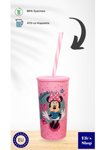 Elite 470 cc Lisanslı Minnie Desenli Bpa Free Pembe Renk Kapaklı Pipetli Bardak 1 Adet