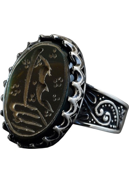 El Yapımı Jade Taş Yüzük, 925 Ayar Gümüş Erkek Yüzüğü, Islami Hat Tasarımı