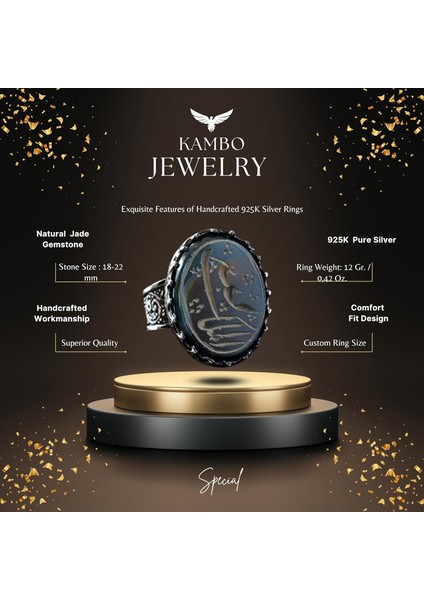 El Yapımı Jade Taş Yüzük, 925 Ayar Gümüş Erkek Yüzüğü, Islami Hat Tasarımı fiyatları