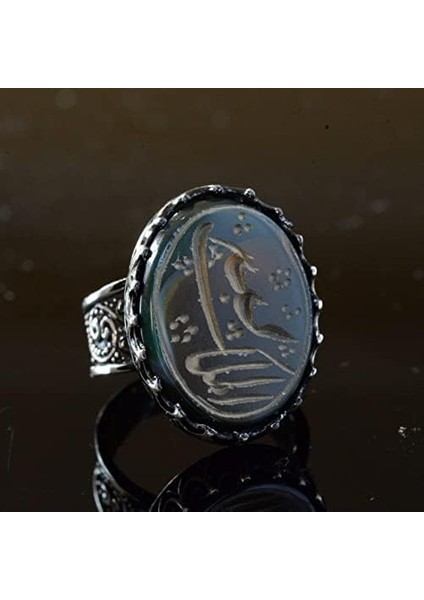 El Yapımı Jade Taş Yüzük, 925 Ayar Gümüş Erkek Yüzüğü, Islami Hat Tasarımı fırsatları