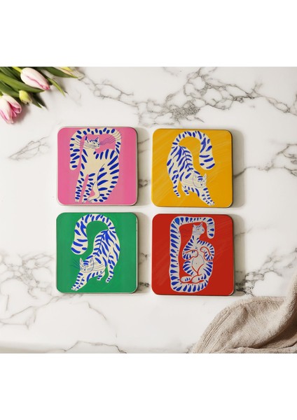 Elite Atölye Minimalist ve Renkli Kedi Desenli Bardak Altlığı 4’lü Set Ahşap (10X10 Cm) 1 Adet