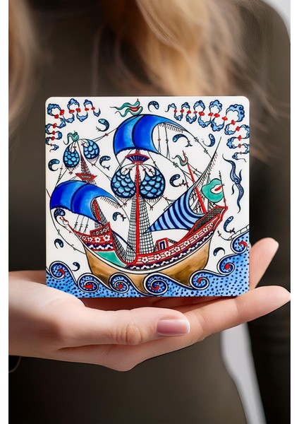 Japon Sanatı, Fuji Dağı, Büyük Dalga, Çini Sanatı Yelkenli Gemi Taş Bardak Altlığı 4'lü Set 10X10CM