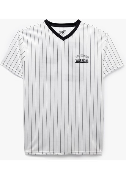 V Yaka Kısa Kollu Çizgili Biyeli Oversize Baskılı Spor Tişört