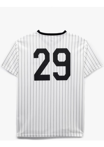 V Yaka Kısa Kollu Çizgili Biyeli Oversize Baskılı Spor Tişört fiyatları