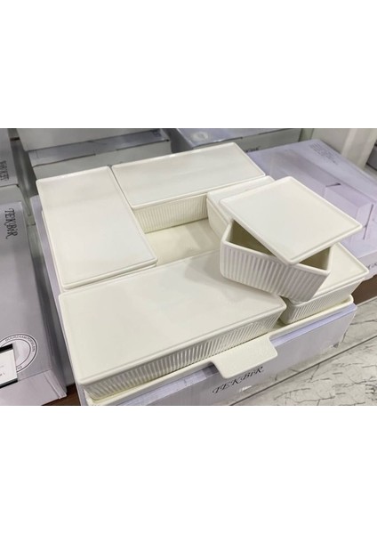 Elite Porselen Kare Tepsili 6 Bölmeli Kapaklı Kahvaltılık Sunum Seti 1 Adet