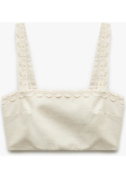 x Melis Ağazat - Astarlı Keten Karışımlı Kolsuz Kare Yaka Çiçekli Askılı Crop Büstiyer