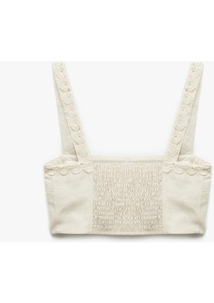 x Melis Ağazat - Astarlı Keten Karışımlı Kolsuz Kare Yaka Çiçekli Askılı Crop Büstiyer fiyatları