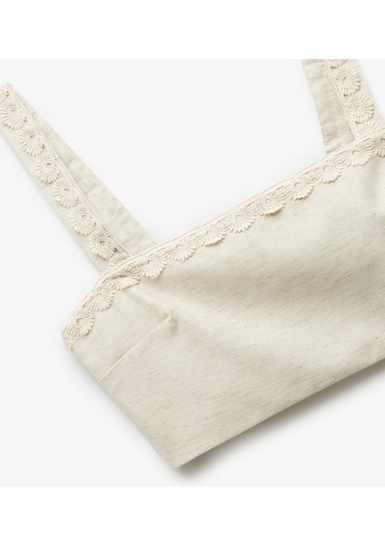 x Melis Ağazat - Astarlı Keten Karışımlı Kolsuz Kare Yaka Çiçekli Askılı Crop Büstiyer modelleri