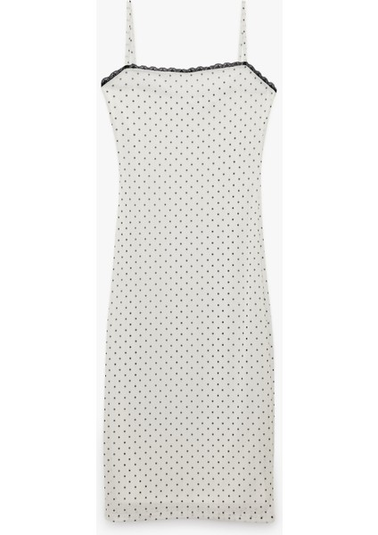 Kare Yaka Askılı Puantiyeli Dantelli Tül Midi Elbise