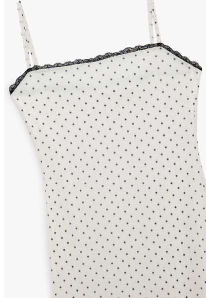 Kare Yaka Askılı Puantiyeli Dantelli Tül Midi Elbise modelleri