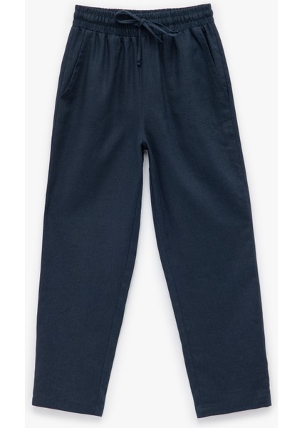 Beli Bağlamalı Lastikli Cepli Keten Pantolon