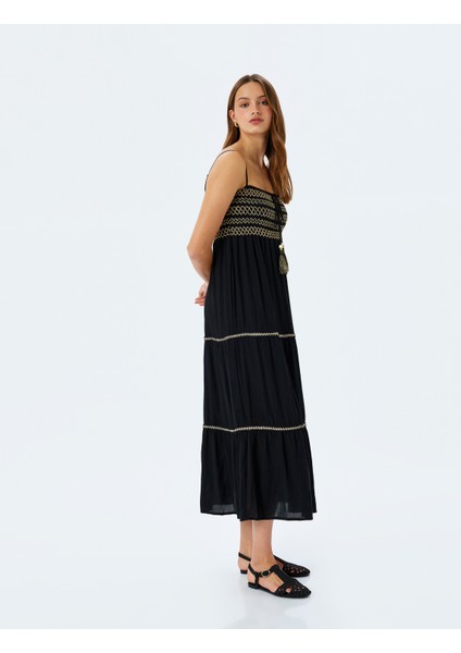 Kroşe Detaylı Ince Askılı Viskon Uzun Elbise fiyatları