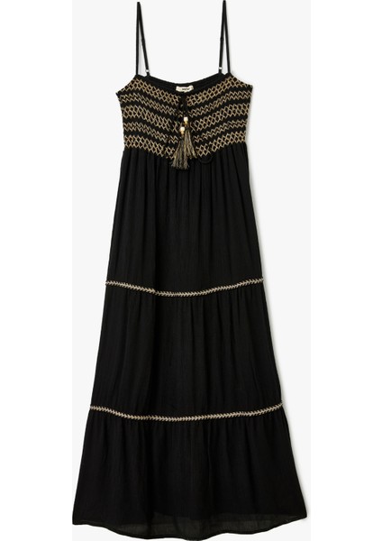 Kroşe Detaylı Ince Askılı Viskon Uzun Elbise modelleri