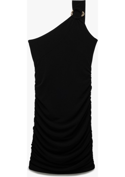 Astarlı Aksesuar Detaylı Slim Fit Drapeli Mini Tek Omuz Elbise