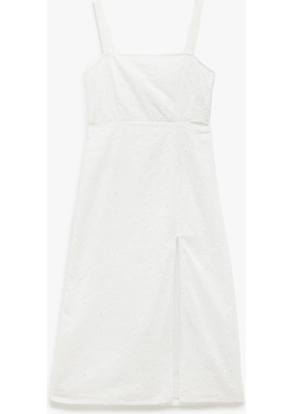 Pamuklu Yırtmaç Detaylı Fistolu Brodeli Midi Askılı Elbise modelleri