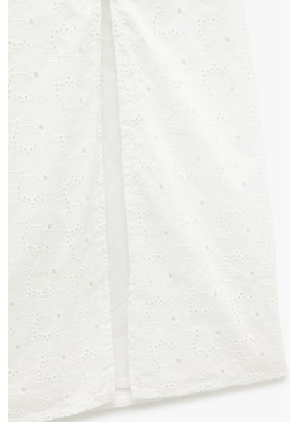 Pamuklu Yırtmaç Detaylı Fistolu Brodeli Midi Askılı Elbise