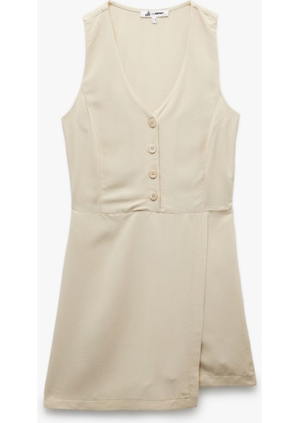 V Yaka Kolsuz Düğmeli Keten Karışımlı Mini Tulum