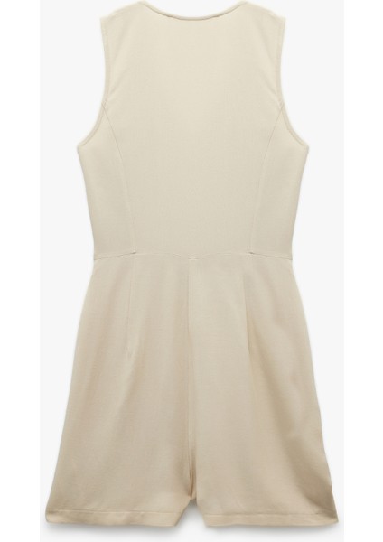 V Yaka Kolsuz Düğmeli Keten Karışımlı Mini Tulum fiyatları