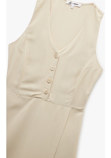 V Yaka Kolsuz Düğmeli Keten Karışımlı Mini Tulum modelleri