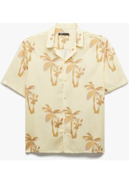 Kısa Kollu Devrik Yaka Viskon Palmiye Desenli Yazlık Gömlek