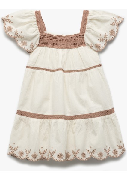 Pamuklu Kare Yaka Kısa Kollu Brodeli Işlemeli Elbise