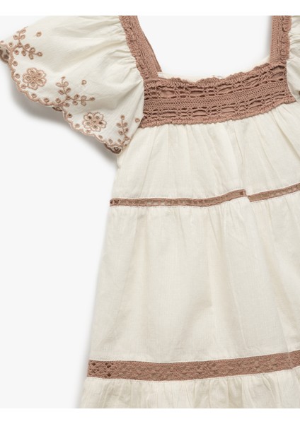 Pamuklu Kare Yaka Kısa Kollu Brodeli Işlemeli Elbise modelleri