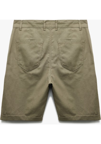 Keten Pamuk Karışımlı Katlamalı Paça Cep Detaylı Beli Bağcıklı Düğmeli Şort fiyatları