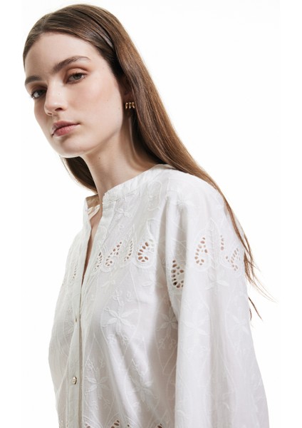 Pamuklu Yuvarlak Yaka Uzun Balon Kollu Fistolu Brodeli Gömlek fiyatları