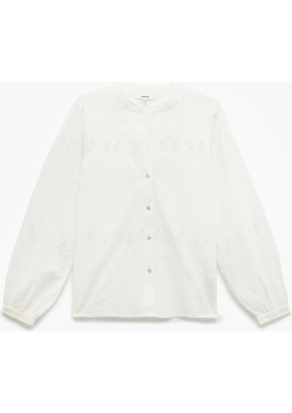 Pamuklu Yuvarlak Yaka Uzun Balon Kollu Fistolu Brodeli Gömlek modelleri