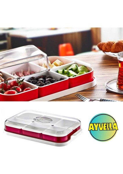 Elite Kahvaltılık Retro Çift Renk Kapaklı Koku Yapmaz 6 Parça Kahvaltı Seti Beyaz Kırmızı Çerezlik 1 Adet