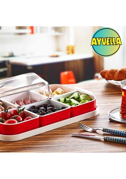 Elite Kahvaltılık Retro Çift Renk Kapaklı Koku Yapmaz 6 Parça Kahvaltı Seti Beyaz Kırmızı Çerezlik 1 Adet
