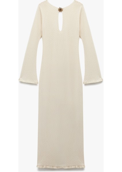 x Melis Ağazat - Astarlı Uzun Ispanyol Kollu Aksesuar Detaylı Yuvarlak Yaka Uzun Kroşe Elbise