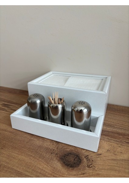 Elite Baharatlık Bölmeli Ahşap Masaüstü Peçetelik 1 Adet Restaurant Dispenser Beyaz [baharatlıklar Hariç] 1 Adet