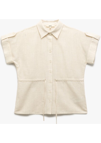 Viskon Keten Karışımlı Beli Bağlamalı Kısa Kollu Gömlek modelleri