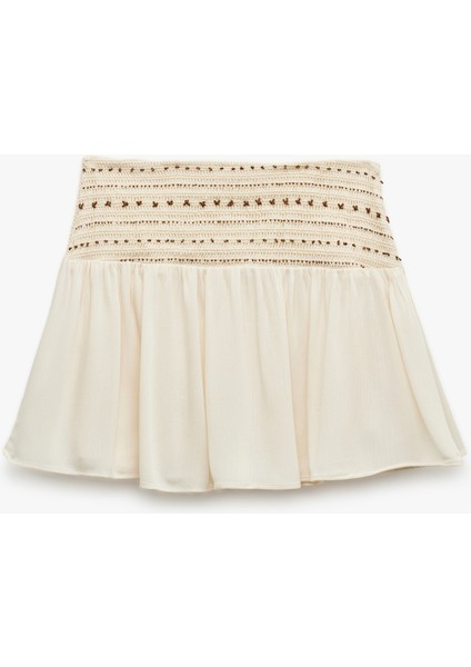 Viskon Kumaş Kroşe Detaylı Boncuk Işlemeli Mini Kloş Etek
