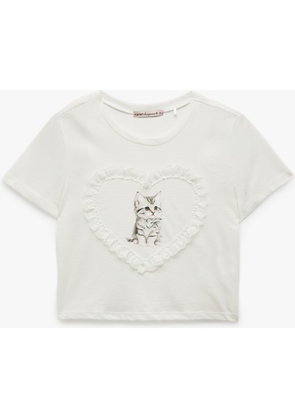Pamuklu Kısa Kollu Bisiklet Yaka Dantel Detaylı Kalpli Kedi Baskılı Kısa Tişört Pijama Üstü