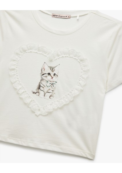 Pamuklu Kısa Kollu Bisiklet Yaka Dantel Detaylı Kalpli Kedi Baskılı Kısa Tişört Pijama Üstü modelleri