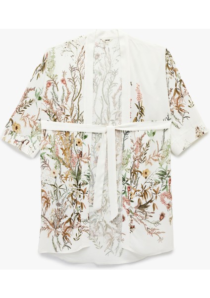 Viskon Kumaş Kuşak Detaylı 3/4 Geniş Kollu Çiçekli Kimono Ceket