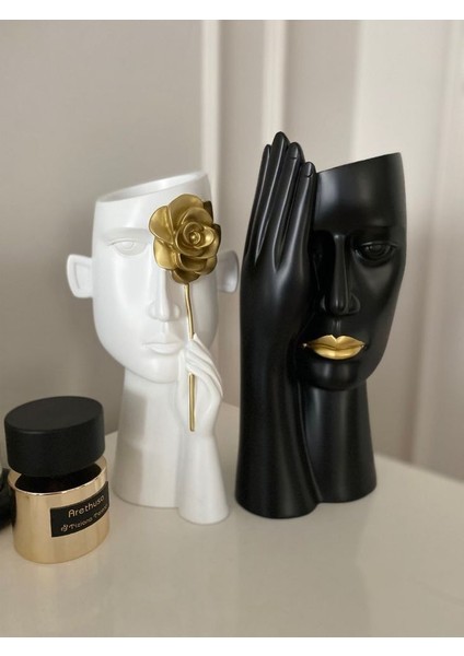 2'li Modern Tarz Dekoratif Yarım Yüzler Saksı Seti Saksı Vazo Kalemlik Dekor