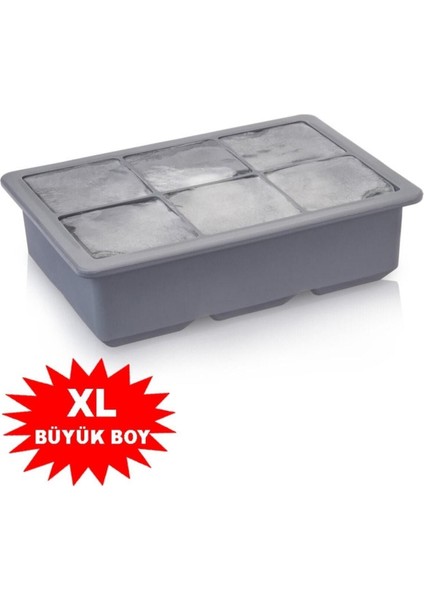 Elite Gri Silikon 6'lı Kare Buz Kalıbı - 6 Bölmeli Buzluk 5cm Dev Buz Küpleri - Sunum Buz Küpü 1 Adet