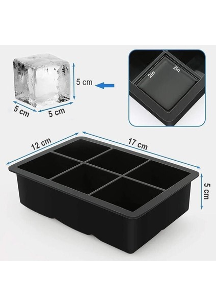 Elite Gri Silikon 6'lı Kare Buz Kalıbı - 6 Bölmeli Buzluk 5cm Dev Buz Küpleri - Sunum Buz Küpü 1 Adet indirimleri