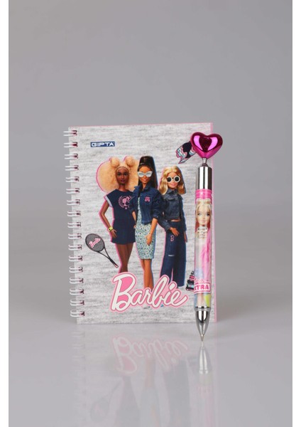 Lisanslı Barbıe Çizgili Not Defteri Kalp Başlıklı Uçlu Kalem 0 7 mm ve Silgi Seti