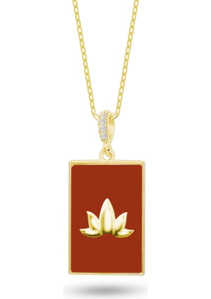 Doğal Akik Taşlı Lotus Çiçeği 925 Ayar Gümüş Kolye Sari Renk