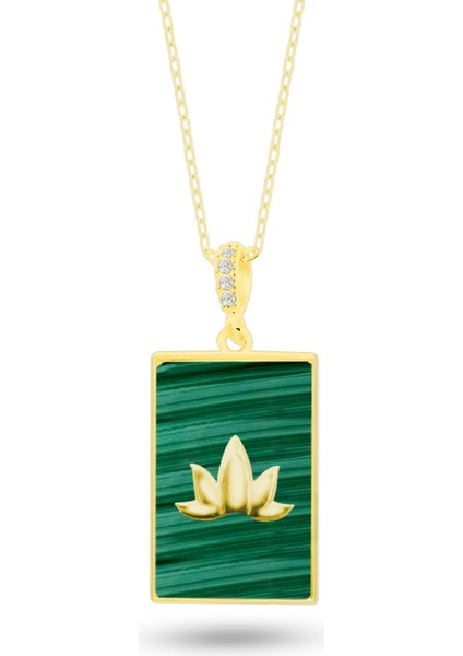 Malahit Taşlı Lotus Çiçeği 925 Ayar Gümüş Kolye Sarı Renk