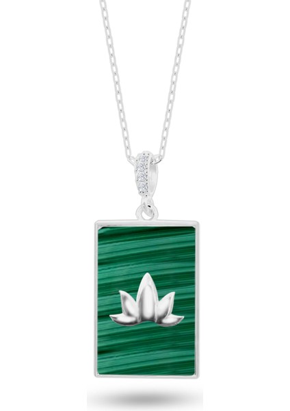 Malahit Taşlı Lotus Çiçeği 925 Ayar Gümüş Kolye Beyaz Renk