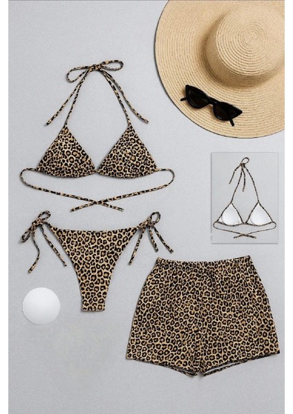- Kadın 3'lü Set Leopar Desenli Şortlu ve Yandan Bağlamalı Bikini Mayo Takımı