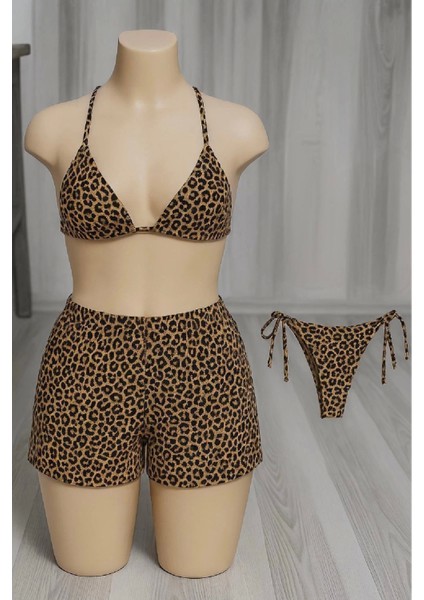 - Kadın 3'lü Set Leopar Desenli Şortlu ve Yandan Bağlamalı Bikini Mayo Takımı