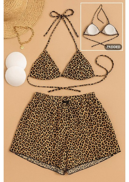 - Kadın 3'lü Set Leopar Desenli Şortlu ve Yandan Bağlamalı Bikini Mayo Takımı